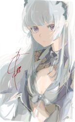 Rule 34 | 1girl, between breasts, black shirt, breasts, character signature, cleavage, closed mouth, commentary, crop top, expressionless, grey hair, grey necktie, highres, honey strap, long hair, looking at viewer, medium bangs, nanashi inc., necktie, necktie between breasts, ogura tubuan, purple eyes, shirt, sidelocks, simple background, small breasts, solo, sougetsu eli, upper body, virtual youtuber, white background