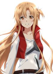 Rule 34 | 1girl, asuna (sao), belt, brown eyes, brown hair, chest protector, dars (recolors), female focus, long hair, looking at viewer, parted lips, rapier, red vest, simple background, smile, solo, sword, sword art online, sword art online progressive, upper body, vest, weapon, white background