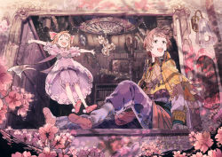 Rule 34 | 1boy, 1girl, :d, blonde hair, blue pants, blush, brown eyes, brown hair, capelet, closed mouth, dress, flower, framed, highres, jumping, lamp, looking away, open mouth, original, outstretched arms, pants, picture frame, pink dress, pink flower, puffy short sleeves, puffy sleeves, red footwear, shoes, short sleeves, sitting, smile, socks, umishima senbon, yellow capelet