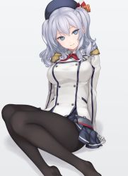 Rule 34 | 10s, 1girl, 2015, arm support, artist name, ascot, beret, black socks, blue eyes, breasts, buttons, dated, double-breasted, epaulettes, female focus, gradient background, grey background, hat, head tilt, jacket, kantai collection, kashima (kancolle), kneehighs, large breasts, leaning back, legs, looking at viewer, military jacket, miniskirt, pantyhose, pleated skirt, rokuwata tomoe, signature, silver hair, sitting, skirt, socks, solo, thighs, tsurime, twitter username, two side up