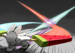Rule 34 | animal focus, arms up, backlighting, brown eyes, dual wielding, food, full body, grey background, holding, holding food, light trail, lilac (p-f easy), motion lines, no humans, original, outstretched arms, popsicle, rabbit, running, sketch, solo