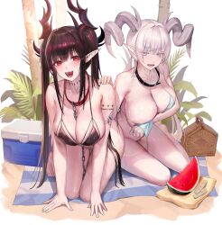 Rule 34 | 2girls, absurdres, aqua bikini, arm tattoo, basket, bikini, black bikini, black collar, black hair, black horns, blunt bangs, blush, breasts, chain between breasts, cleavage, collar, commentary, covering privates, covering breasts, curled horns, dragon girl, dragon horns, food, fruit, grey eyes, grey hair, grey horns, highres, horns, kneeling, large breasts, long hair, looking at viewer, multiple girls, open mouth, original, pointy ears, red collar, red eyes, red hair, sitting, smile, sweat, swimsuit, tattoo, teeth, tongue, twintails, watermelon, yjs0803123