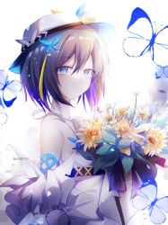 Rule 34 | 1girl, absurdres, ani895 (895895895), artist name, bare shoulders, blue butterfly, blue eyes, blue hair, bob cut, bouquet, bug, butterfly, closed mouth, crying, crying with eyes open, dress, flower, highres, holding, holding bouquet, honkai (series), honkai impact 3rd, insect, long sleeves, looking at viewer, off-shoulder dress, off shoulder, seele vollerei, seele vollerei (swallowtail phantasm), short hair, smile, sunflower, tears, white background, white dress, white headwear