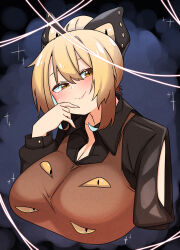 Rule 34 | 1girl, black bow, black shirt, blush, bow, breasts, brown dress, brown eyes, cleavage, closed mouth, collared shirt, commentary request, dress, extra eyes, fingernails, grey background, hair between eyes, hair bow, hair bun, hand up, head tilt, highres, huge breasts, kurodani yamame, long sleeves, looking at viewer, pinafore dress, rinyamame, shirt, short hair, silk, sleeveless dress, smile, solo, sparkle, spider web, touhou, upper body