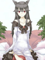 Rule 34 | 1girl, animal ears, black hair, brooch, dress, imaizumi kagerou, jack (wkm74959), jewelry, long hair, looking at viewer, red eyes, smile, solo, touhou, wolf ears