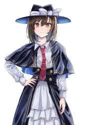 Rule 34 | 1girl, black capelet, black hat, blush, bow, brown eyes, brown hair, capelet, closed mouth, collared shirt, commentary request, erisauria, fedora, frills, hair between eyes, hand on own hip, hat, hat bow, highres, long sleeves, looking at viewer, medium hair, necktie, red necktie, shirt, simple background, solo, touhou, usami renko, white background, white bow, white shirt
