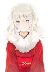Rule 34 | 1girl, alternate costume, blue eyes, fur trim, highres, inushi, japanese clothes, kantai collection, kashima (kancolle), kimono, looking at viewer, obi, red kimono, sash, silver hair, simple background, smile, solo, twintails, upper body, wavy hair, white background