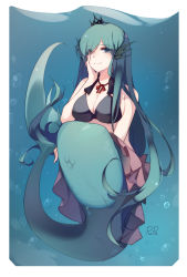 Rule 34 | 1girl, aqua eyes, aqua hair, artist name, bare arms, bare shoulders, bikini, bikini top only, black headwear, black souls, breasts, bubble, chinese commentary, cleavage, closed mouth, crown, eyes visible through hair, fins, full body, hair over one eye, hand on own face, hand up, head fins, highres, large breasts, little mermaid (black souls), looking at viewer, mermaid, mini crown, monster girl, neck ribbon, pupa jiang, red ribbon, ribbon, scales, smile, solo, swimsuit, underwater, water