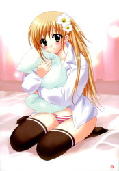 Rule 34 | 1girl, bed, black thighhighs, blush, brown hair, collarbone, flower, green eyes, hair flower, hair ornament, highres, holding, long hair, long sleeves, looking at viewer, open clothes, open shirt, panties, pillow, red panties, shindou mikeko, shirt, sitting, smile, striped clothes, striped panties, thighhighs, underwear, white shirt