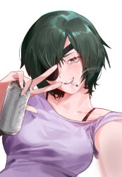 Rule 34 | 1girl, beer can, breasts, can, chainsaw man, cigarette, commentary, drink can, english commentary, eyepatch, green eyes, green hair, highres, himeno (chainsaw man), looking at viewer, medium breasts, purple shirt, raneblu, shirt, short hair, short sleeves, simple background, smile, smoking, solo, t-shirt, teeth, upper body, white background