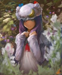 Rule 34 | 1girl, bad id, bad pixiv id, blurry, crescent, depth of field, flower, hat, long hair, looking at viewer, matsura ichirou, patchouli knowledge, purple hair, solo, touhou
