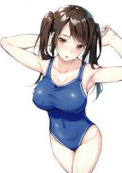Rule 34 | 1girl, :o, alexmaster, armpits, arms up, blue one-piece swimsuit, blush, breasts, brown eyes, brown hair, cleavage, collarbone, covered navel, cowboy shot, fang, highres, large breasts, long hair, looking at viewer, one-piece swimsuit, open mouth, original, sidelocks, simple background, solo, swimsuit, tsurime, twintails, wet, white background, white theme