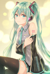 Rule 34 | 1girl, absurdres, aqua hair, bad id, bad pixiv id, black sleeves, black thighhighs, detached sleeves, from side, green hair, grey shirt, hatsune miku, highres, long hair, looking at viewer, nail polish, necktie, number tattoo, shirt, sitting, skirt, sleeveless, sleeveless shirt, smile, solo, tattoo, thighhighs, tokkyu, twintails, very long hair, vocaloid