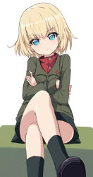 Rule 34 | 10s, 1girl, blonde hair, blue eyes, chikuwa (majihima), closed mouth, commentary request, crossed arms, girls und panzer, katyusha (girls und panzer), crossed legs, looking at viewer, military, military uniform, pravda military uniform, short hair, simple background, sitting, solo, uniform, white background