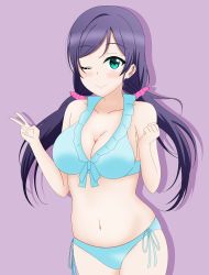 Rule 34 | 1girl, ;), absurdres, aqua bikini, aqua eyes, artist name, artist request, bare legs, bare shoulders, bikini, blush, breasts, cleavage, clenched hand, collarbone, female focus, green eyes, hair ornament, hair scrunchie, highres, long hair, long twintails, looking at viewer, love live!, love live! school idol project, low twintails, miya anko, one eye closed, parted lips, pink scrunchie, purple background, purple hair, scrunchie, side-tie bikini bottom, smile, solo, swimsuit, tojo nozomi, twintails, v