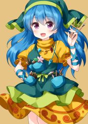 Rule 34 | 1girl, apron, arm ribbon, between fingers, blue hair, blue ribbon, brown background, dress, flower, green apron, green headwear, green scarf, haniyasushin keiki, head scarf, highres, holding, jewelry, long hair, looking at viewer, magatama, magatama necklace, necklace, open mouth, pink flower, pocket, purple eyes, ribbon, ruu (tksymkw), scarf, simple background, single strap, smile, solo, standing, tools, touhou, turtleneck, wood carving tool, yellow dress