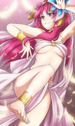 Rule 34 | 1girl, anklet, bad id, bad pixiv id, barefoot, bracelet, breasts, dancer, dancing, feet, flower, hair flower, hair ornament, harem outfit, jewelry, lindaroze, magi the labyrinth of magic, morgiana, red eyes, red hair, solo, toes, underboob