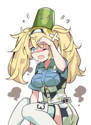 Rule 34 | 1girl, blonde hair, blue eyes, blue shirt, breast pocket, breasts, bucket, bucket on head, collared shirt, gambier bay (kancolle), hair between eyes, hairband, highres, kantai collection, large breasts, long hair, object on head, open mouth, pocket, repair bucket, shirt, shorts, simple background, solo, thighhighs, twintails, white background, white thighhighs, yamano (yamanoh)