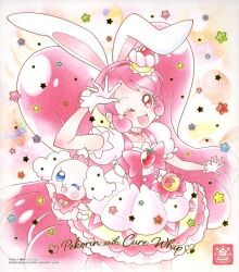 Rule 34 | 1girl, ;d, animal ears, blush, bow, cake hair ornament, choker, cure whip, earrings, food-themed hair ornament, fruit brooch, gloves, hair ornament, highres, jewelry, kirakira precure a la mode, magical girl, official art, one eye closed, open mouth, pekorin (precure), pink bow, pink choker, pink corset, pink eyes, pink hair, pom pom (clothes), pom pom earrings, precure, puffy short sleeves, puffy sleeves, rabbit ears, short sleeves, smile, solo, swept bangs, third-party source, twintails, usami ichika, white gloves