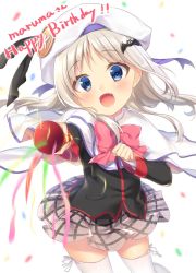 Rule 34 | 1girl, bad id, bad twitter id, bat hair ornament, blue eyes, bow, english text, hair ornament, happy birthday, hat, highres, little busters!, long hair, navy (navy.blue), noumi kudryavka, party popper, pink bow, plaid, plaid skirt, silver hair, skirt, solo, thighhighs, white hat, white thighhighs