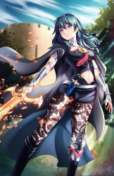 Rule 34 | 1girl, black footwear, blue eyes, blue hair, breasts, byleth (female) (fire emblem), byleth (fire emblem), clothing cutout, dagger, detached collar, elver-lee, fire emblem, fire emblem: three houses, fortress, highres, holding, holding sword, holding weapon, knife, medium breasts, medium hair, navel, navel cutout, nintendo, pantyhose, short shorts, shorts, sword, sword of the creator, tagme, vambraces, weapon
