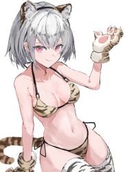 Rule 34 | 1girl, animal ears, animal hands, animal print, arm support, bikini, breasts, breasts apart, brown bikini, chinese zodiac, closed mouth, collarbone, edowa, fake animal ears, fake tail, fang, gloves, grey hair, hand up, invisible chair, navel, original, paw gloves, red eyes, short hair, side-tie bikini bottom, sitting, skin fang, small breasts, smile, solo, swimsuit, tail, thighhighs, tiger ears, tiger paws, tiger print, tiger tail, white background, white thighhighs, year of the tiger