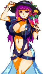 Rule 34 | 1girl, 3amsoda, alternate costume, artist name, black hat, blue one-piece swimsuit, bracelet, breasts, cleavage, commentary, crossed legs, cup, curvy, drink, drinking glass, female focus, fire emblem, fire emblem engage, flower, flower hat, hat, highres, holding, holding cup, ivy (fire emblem), ivy (summer) (fire emblem), jewelry, large breasts, looking at viewer, matching hair/eyes, navel, nintendo, official alternate costume, one-piece swimsuit, purple eyes, purple hair, simple background, smile, solo, sun hat, swimsuit, tropical drink, white background