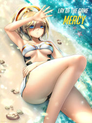 Rule 34 | 1girl, adapted costume, arm up, artist name, beach, bikini, blonde hair, blue eyes, breasts, character name, cowboy shot, gigamessy, hair between eyes, halo, high ponytail, looking at viewer, lying, mechanical halo, medium breasts, mercy (overwatch), no wings, on back, outdoors, overwatch, overwatch 1, parted lips, play of the game, shading eyes, shore, signature, solo, swimsuit, underboob, white bikini