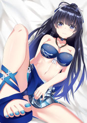 Rule 34 | 1girl, absurdres, benghuai xueyuan, black hair, blue eyes, blue nails, blush, breasts, choker, cleavage, feet, highres, honkai (series), jewelry, large breasts, long hair, looking at viewer, lying, nail polish, navel, necklace, on back, parted lips, ponytail, raiden mei, smile, teeth, toes