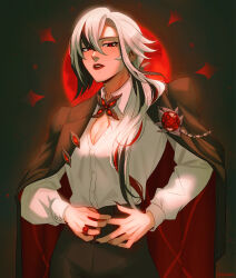 Rule 34 | 1girl, arlecchino (genshin impact), black background, black eyes, black hair, black jacket, black nails, breasts, buttons, chalseu, collared jacket, collared shirt, commentary, english commentary, fingernails, full moon, gem, genshin impact, hair between eyes, highres, jacket, jewel under eye, jewelry, lips, long fingernails, long hair, long sleeves, looking at viewer, medium breasts, moon, multicolored hair, nail polish, open clothes, open jacket, ponytail, puffy long sleeves, puffy sleeves, red gemstone, red hair, red jacket, red lips, red moon, red pupils, ring, shirt, solo, standing, symbol-shaped pupils, teeth, two-sided fabric, two-sided jacket, white hair, white shirt, x-shaped pupils