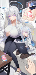 Rule 34 | 2girls, :d, absurdres, doodle sensei (blue archive), black pants, blue archive, book, breasts, brown pantyhose, cellphone, commentary, couch, fingernails, grey hair, halo, headgear, highres, holding, holding book, jewelry, large breasts, long hair, looking at viewer, mechanical halo, mother and daughter, multiple girls, necklace, noa (blue archive), on couch, open mouth, pants, pantyhose, phone, pov, purple eyes, sensei (blue archive), sitting, smile, sukaliya, sweater, table, thighs, white sweater