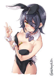 Rule 34 | 1girl, animal ears, bare shoulders, between breasts, black hairband, black leotard, blush, bow, bowtie, bra, breast press, breasts, checkered bow, checkered bowtie, checkered clothes, checkered neckwear, contemporary, covered navel, cropped legs, detached collar, ebifurya, eyepatch, fake animal ears, from above, hairband, headgear, highres, kantai collection, large breasts, leotard, playboy bunny, purple hair, rabbit ears, rabbit tail, red bra, short hair, simple background, solo, strapless, strapless leotard, tail, tenryuu (kancolle), thighs, twitter username, underwear, white background, yellow eyes