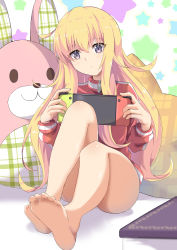 Rule 34 | 1girl, absurdres, ahoge, barefoot, blonde hair, blurry, blush, closed mouth, commentary, convenient leg, cushion, depth of field, feet, female focus, full body, gabriel dropout, gabriel tenma white, handheld game console, hands up, highres, holding, holding handheld game console, jacket, long hair, long sleeves, looking at viewer, nintendo switch, no pants, purple eyes, red jacket, shadow, shiny skin, sitting, soles, solo, star (symbol), starry background, stuffed animal, stuffed rabbit, stuffed toy, toes, track jacket, turtleneck, very long hair, wata9mm no, white background, zipper pull tab