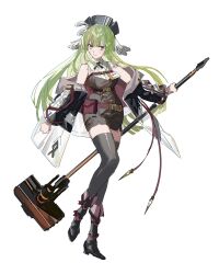 Rule 34 | 1girl, absurdres, arknights, belt, belt pouch, coat, commentary request, green hair, grey thighhighs, hammer, hat, hat feather, highres, holding, holding hammer, hsng (hoshinagi), long hair, poncirus (arknights), pouch, purple eyes, thighhighs, war hammer, weapon, white background