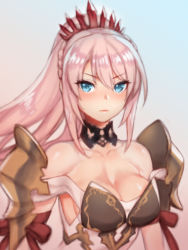 Rule 34 | 1girl, armor, bad id, bad pixiv id, bare shoulders, blue background, blue eyes, breasts, cleavage, closed mouth, collarbone, detached collar, expressionless, folks (nabokof), gradient background, large breasts, long hair, looking at viewer, pink background, pink hair, ponytail, shionne (tales), solo, tales of (series), tales of arise, upper body
