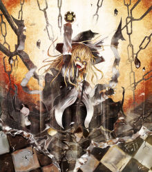 Rule 34 | 1girl, blonde hair, braid, broken ground, chain, checkered floor, crack, crazy eyes, destruction, female focus, fingerless gloves, floating, floating object, floor, gloves, hat, kirisame marisa, mini-hakkero, open mouth, ross (clumzero), shaded face, solo, touhou, witch, witch hat, yellow eyes