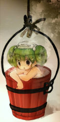 Rule 34 | 1girl, bad id, bad pixiv id, bath, bucket, completely nude, female focus, gradient background, green hair, in bucket, in container, k no hito, kisume, nude, solo, touhou, upper body, water