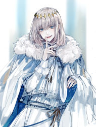 Rule 34 | 1boy, :d, arthropod boy, blue eyes, cape, chinese commentary, crown, diamond hairband, fate/grand order, fate (series), finger to mouth, fur collar, grey hair, highres, long sleeves, male focus, medium hair, no wings, oberon (fate), official alternate costume, open mouth, shichimi (ftlvampire32), smile, solo, teeth, upper body, upper teeth only, white cape, white fur, white hair