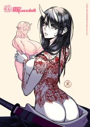 Rule 34 | apoloniodraws, arm tattoo, ass, back tattoo, bare back, black hair, breasts, facing away, hair over shoulder, irezumi, japanese clothes, mecha, mrlsexdoll, red tattoo, robot, sex toy, shoulder tattoo, sideboob, simple background, tattoo, topless, weapon, yakuza