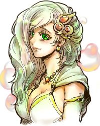 Rule 34 | 1girl, aged up, bad id, bad twitter id, breasts, cleavage, closed mouth, detached sleeves, earrings, final fantasy, final fantasy iv, green eyes, green hair, hair ornament, ikunosake, jewelry, large breasts, long hair, looking at viewer, rydia (ff4), smile, solo