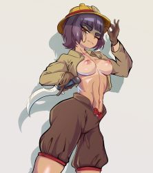 Rule 34 | 1girl, absurdres, blunt bangs, bow, breasts, brown eyes, brown gloves, brown shirt, brown shorts, closed mouth, commentary, cowboy shot, crop top, dagger, english commentary, gloves, grey background, hand on headwear, hat, highres, holding, holding dagger, holding knife, holding weapon, inverted nipples, knife, long sleeves, looking at viewer, medium breasts, mon eree, navel, nipples, no bra, one eye closed, open clothes, open shirt, purple hair, ragnarok online, red bow, reverse grip, school hat, shadow, shirt, short hair, shorts, simple background, smile, solo, tan, tanline, thick eyebrows, thief (ragnarok online), weapon