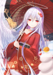 Rule 34 | 1girl, absurdres, albino, angel, angel wings, bandaged neck, bandages, cherry blossom print, closed mouth, commentary, feathered wings, feathers, floral print, hair between eyes, hair ornament, hairclip, halo, highres, japanese clothes, kagami mochi, kimono, long hair, looking at viewer, new year, original, parasol, red eyes, red kimono, smile, tiger, tokano 56, umbrella, very long hair, white hair, wings