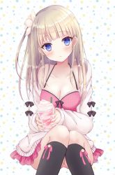 Rule 34 | 1girl, black bow, black socks, blue eyes, blunt bangs, blush, bow, breasts, cleavage, closed mouth, commentary request, cup, disposable cup, dress, drinking straw, flower, hair flower, hair ornament, halterneck, head tilt, highres, holding, hood, hood down, hooded jacket, jacket, kiyui (honey citron), kneehighs, light brown hair, long hair, long sleeves, looking at viewer, medium breasts, multicolored polka dots, off shoulder, open clothes, open jacket, original, pink bow, pink dress, polka dot, polka dot background, polka dot dress, sitting, socks, solo, white background, white flower, white jacket