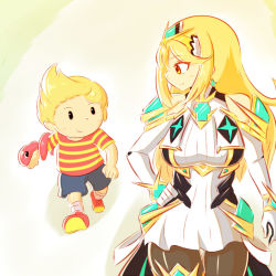 Rule 34 | 1boy, 1girl, age difference, blonde hair, breasts, gloves, grin, hand on own hip, long hair, lucas (mother 3), mother (game), mother 3, mythra (massive melee) (xenoblade), mythra (xenoblade), nintendo, pantyhose, shorts, sidelocks, skirt, smile, snake, super smash bros., walking, xenoblade chronicles (series), xenoblade chronicles 2, yellow eyes