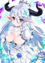 Rule 34 | 10s, 1girl, bare shoulders, breasts, brown eyes, bucchake (asami), cleavage, dress, elbow gloves, gloves, granblue fantasy, hat, horns, izmir, large breasts, long hair, looking at viewer, mole, mole under mouth, pointy ears, solo, white hair