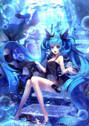 Rule 34 | 1girl, barefoot, blue eyes, blue hair, bubble, dress, fish, hatsune miku, long hair, matching hair/eyes, metto, no panties, open mouth, shinkai shoujo (vocaloid), skirt hold, solo, twintails, underwater, very long hair, vocaloid