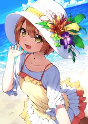 Rule 34 | 1girl, :d, absurdres, beach, blue sky, brown hair, camisole, cloud, day, flower, frilled skirt, frilled sleeves, frills, hat, hat flower, hat leaf, hat ribbon, highres, hoshizora rin, looking at viewer, love live!, love live! school idol festival, ocean, okarin (tennisofoka), open mouth, orange flower, outdoors, pink flower, purple flower, ribbon, shaded face, shirt, short hair, short sleeves, skirt, sky, smile, solo, spaghetti strap, sun hat, white hat, white shirt, white skirt, yellow eyes, yellow ribbon