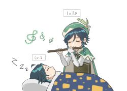 Rule 34 | 2boys, ahoge, black hair, blue hair, bow, braid, cape, closed eyes, facial mark, flower, flute, forehead mark, gem, genshin impact, gradient hair, green hair, green headwear, hair ornament, hat, highres, holding, holding instrument, instrument, jewelry, keikeilo, leaf, long hair, long sleeves, male focus, multicolored hair, multiple boys, musical note, parted bangs, pillow, ribbon, simple background, sleeping, smile, twin braids, under covers, venti (genshin impact), white background, white flower, xiao (genshin impact), zzz