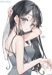 Rule 34 | 1girl, arm behind head, arm up, armpit crease, asymmetrical bangs, bare shoulders, black hair, blue eyes, breast padding, breasts, can, character request, chibirisu, copyright request, curly hair, dress, from side, grey dress, holding, holding can, holding towel, long hair, looking at viewer, nail polish, parted lips, pink nails, simple background, sleeveless, sleeveless dress, small breasts, solo, towel, twitter username, upper body, white background