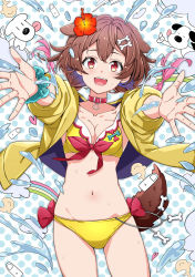 Rule 34 | 1girl, :d, adapted costume, alternate hair color, animal ears, bikini, blush, bone, bone hair ornament, braid, breasts, brown hair, cleavage, cno, collar, collarbone, commentary, cowboy shot, dog ears, dog girl, dog tail, english commentary, floating hair, flower, futo-inu, groin, hair between eyes, hair flower, hair ornament, hibiscus, highres, hololive, hoso-inu, inugami korone, inugami korone (1st costume), jacket, listener (inugami korone), looking at viewer, medium breasts, medium hair, multicolored hair, navel, open clothes, open jacket, open mouth, outstretched arms, pink hair, polka dot, polka dot background, red collar, red eyes, smile, solo, stomach, swimsuit, tail, twin braids, twintails, two-tone hair, virtual youtuber, water, water drop, white background, yellow bikini, yellow jacket